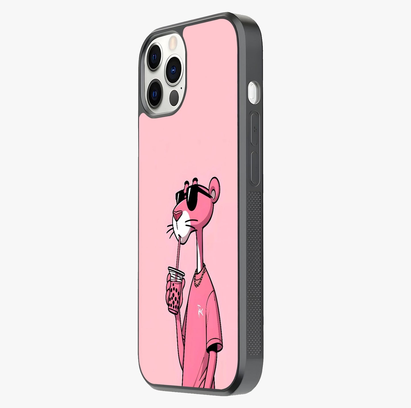 Pink Panther Glass Case photographed in natural light showing reflective finish and design depth.