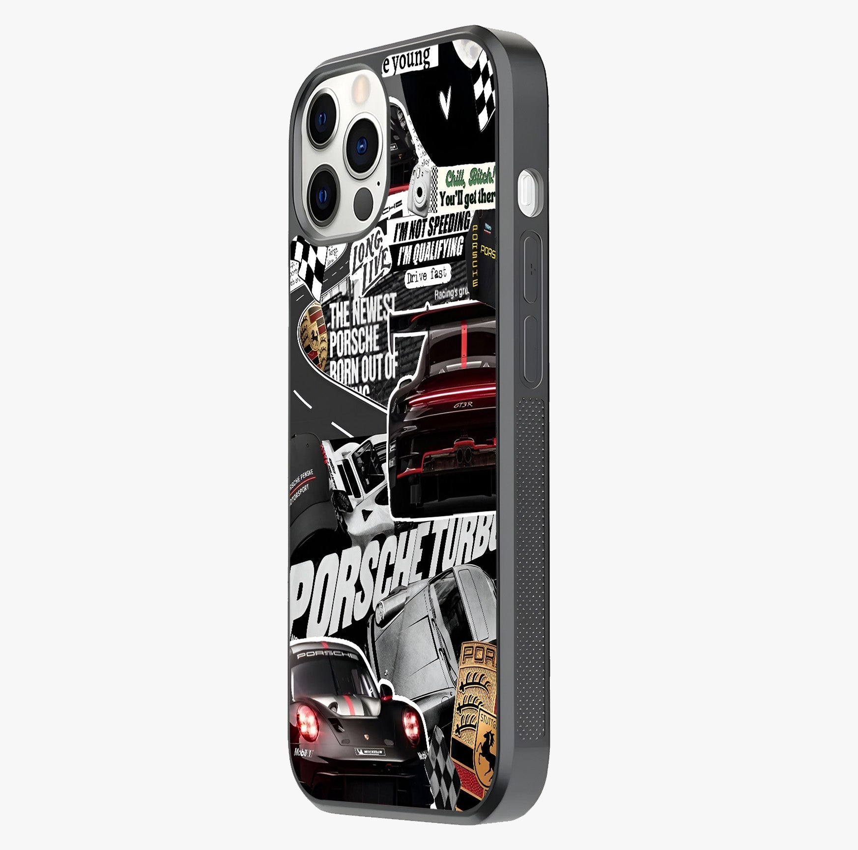 Porsche Racing Collage Glass Case photographed in natural light showing reflective finish and design depth.