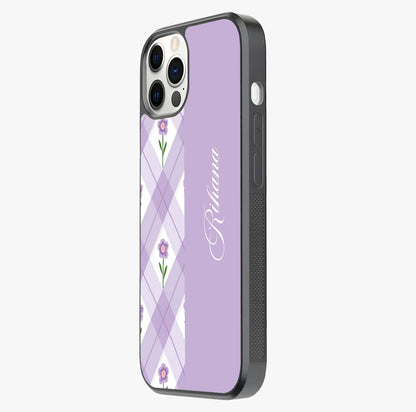 Purple Diamond Floral Glass Case photographed in natural light showing reflective finish and design depth.