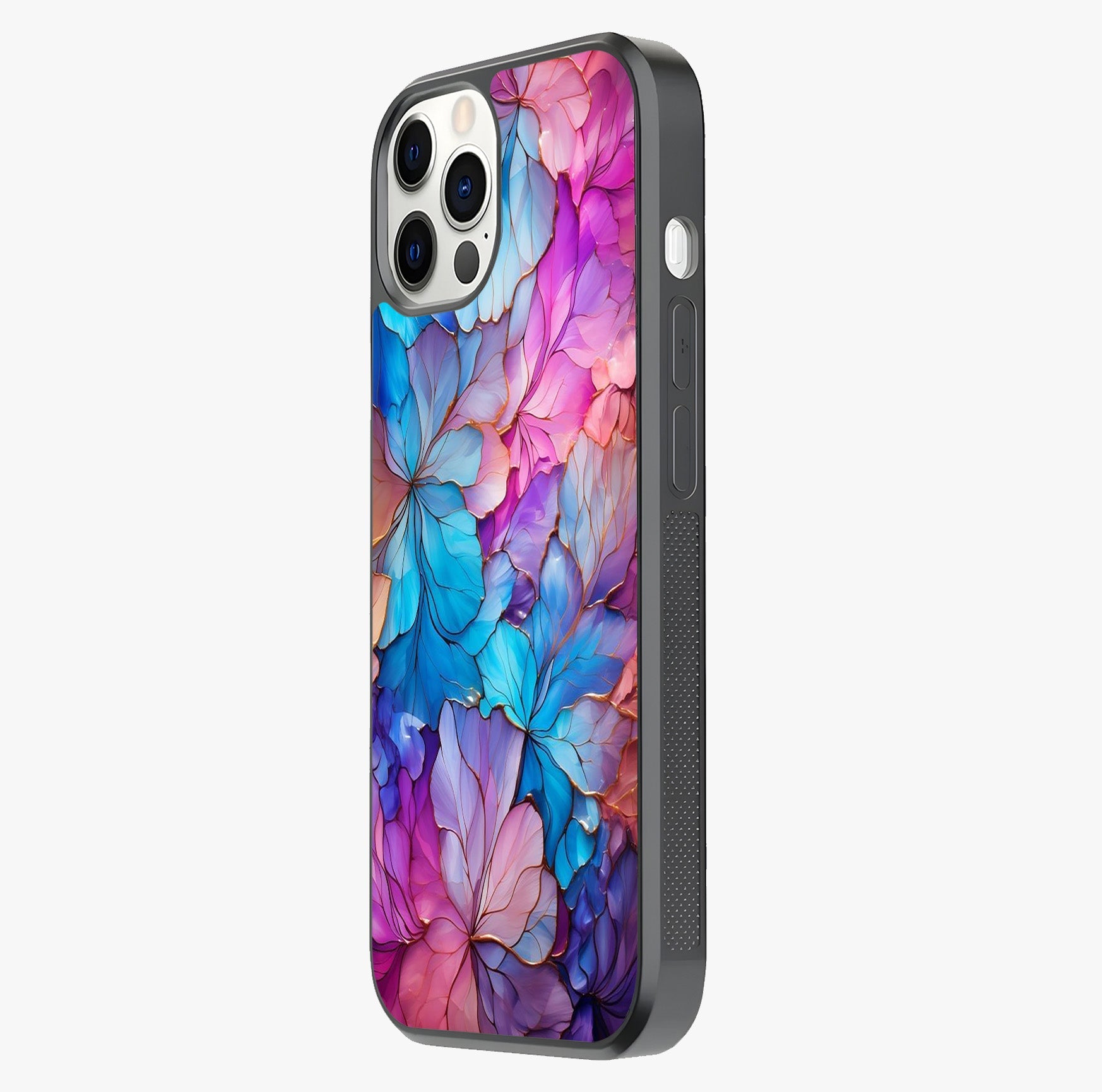 Radiant Floral Whirl Glass Case photographed in natural light showing reflective finish and design depth.
