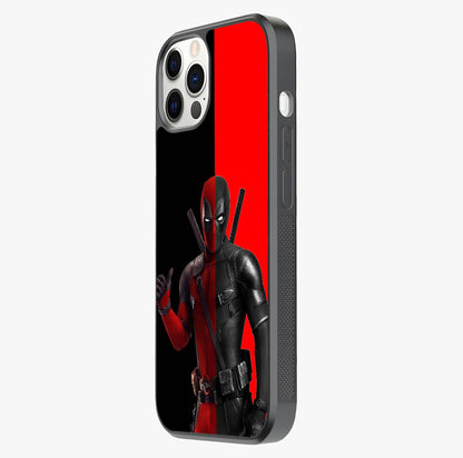 Red & Black Deadpool Theme Glass Case photographed in natural light showing reflective finish and design depth.