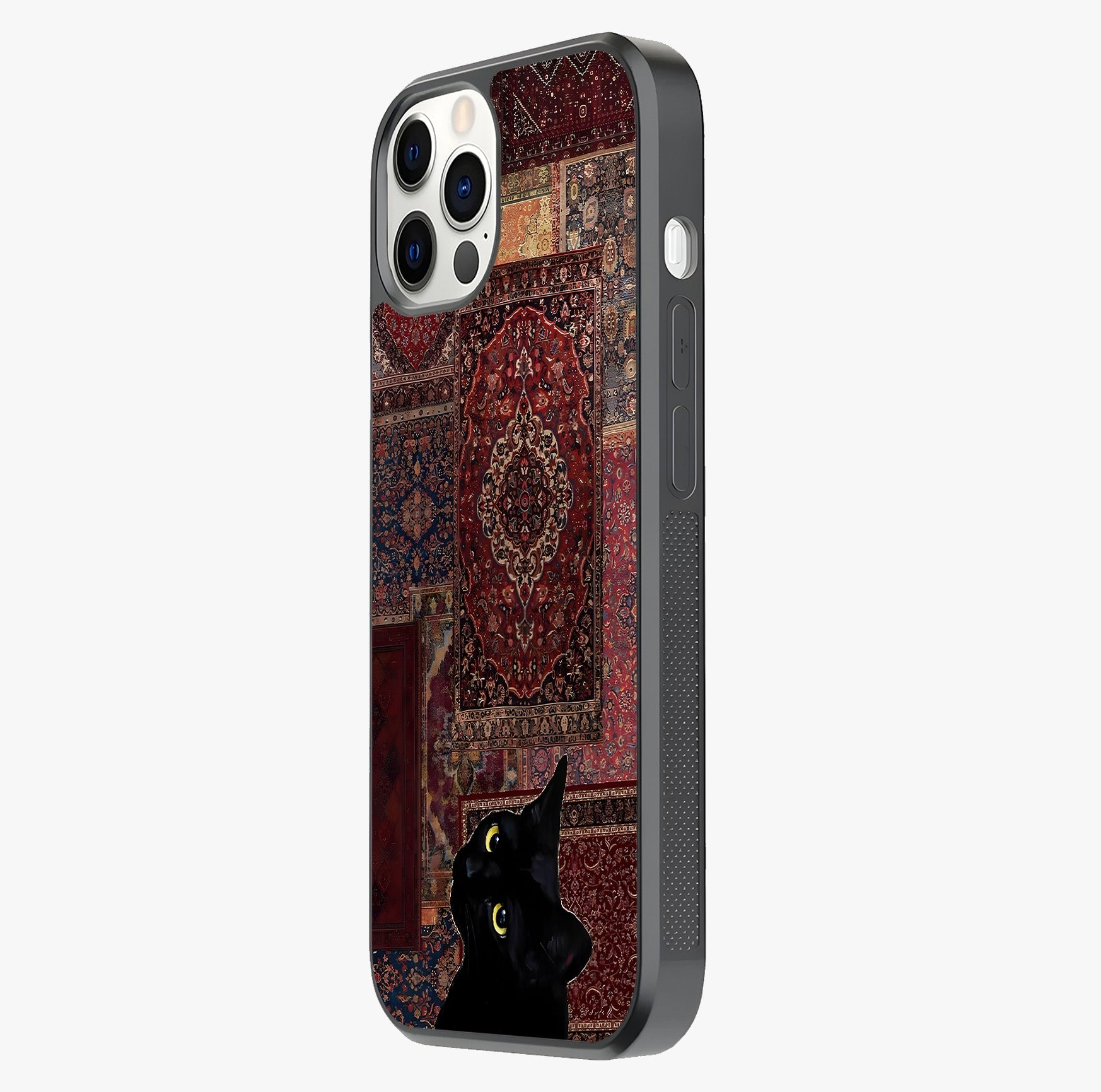Regal Magic Cat Apple Glass Case photographed in natural light showing reflective finish and design depth.
