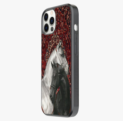 Regal Stallion Tapestry Glass Case photographed in natural light showing reflective finish and design depth.
