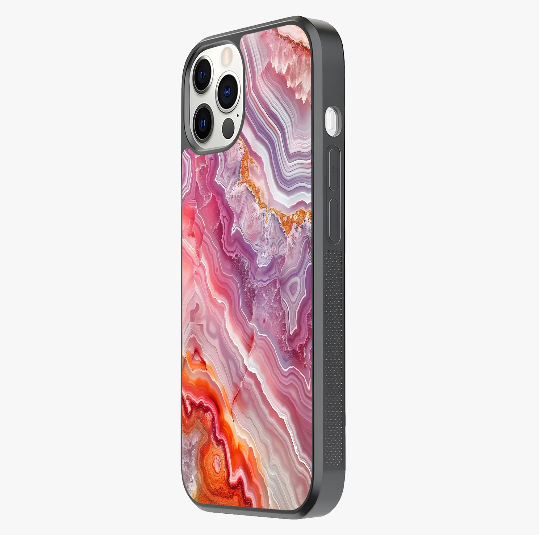 Rose Quartz Marble Glass Case photographed in natural light showing reflective finish and design depth.
