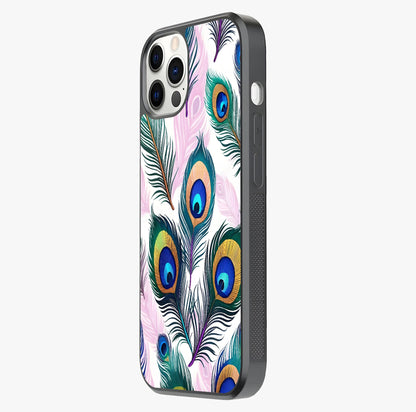 Royal Peacock Feathers Glass Case photographed in natural light showing reflective finish and design depth.