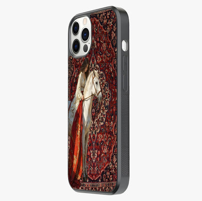 Royal Rider Tapestry Glass Case photographed in natural light showing reflective finish and design depth.