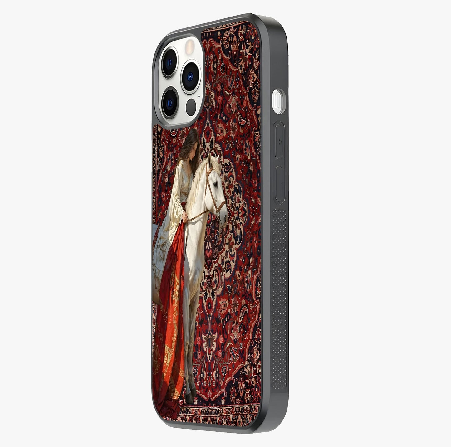 Royal Rider Tapestry Glass Case photographed in natural light showing reflective finish and design depth.