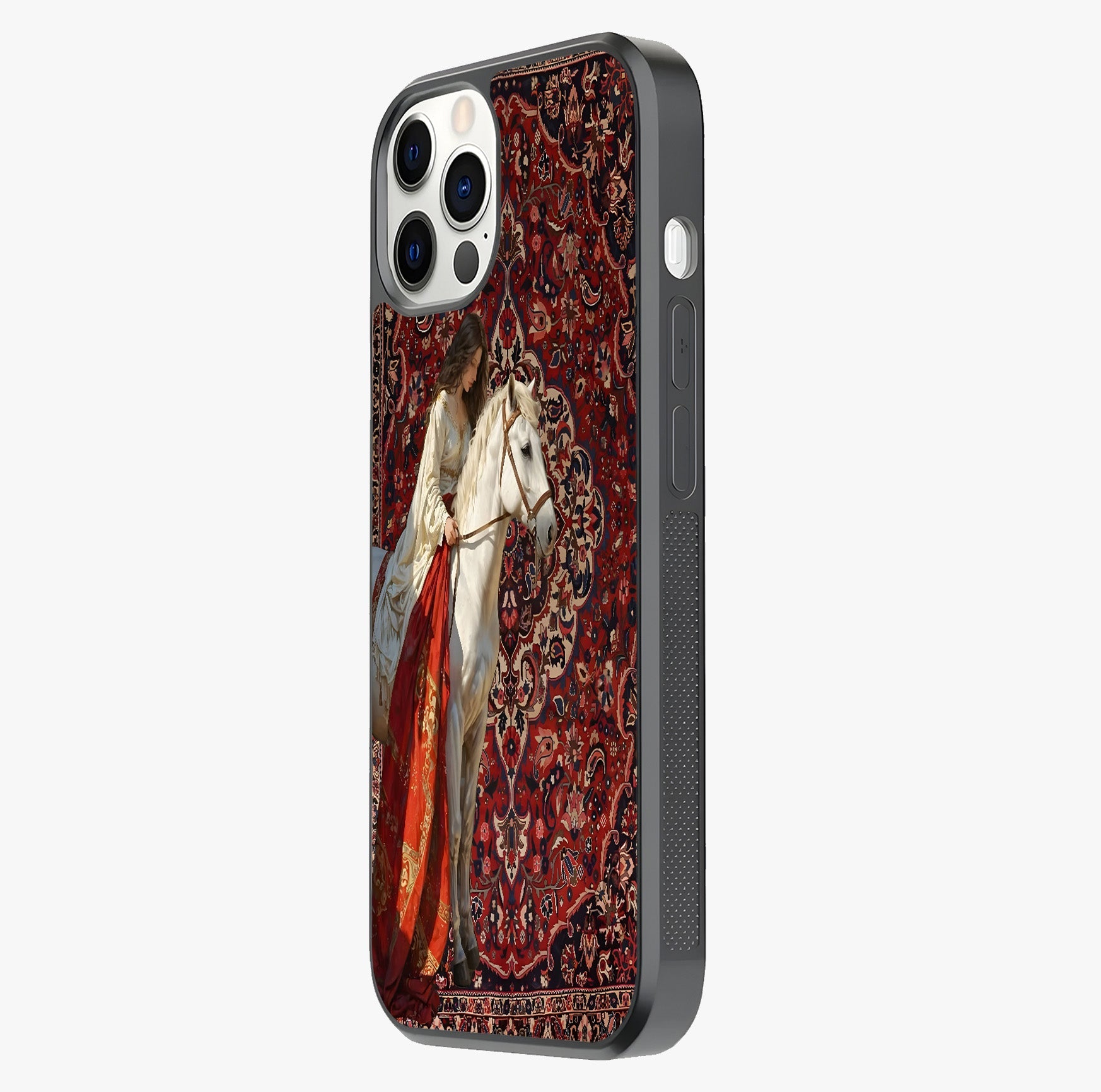 Royal Rider Tapestry Glass Case photographed in natural light showing reflective finish and design depth.