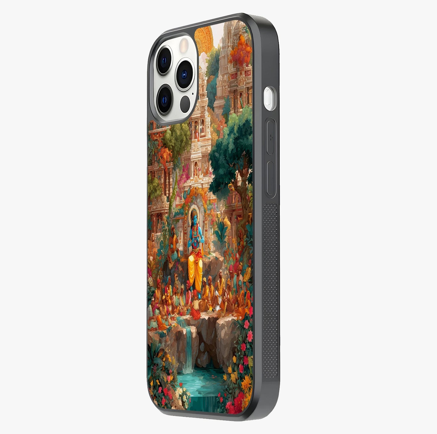 Sacred Sunlight Gods Glass Case photographed in natural light showing reflective finish and design depth.