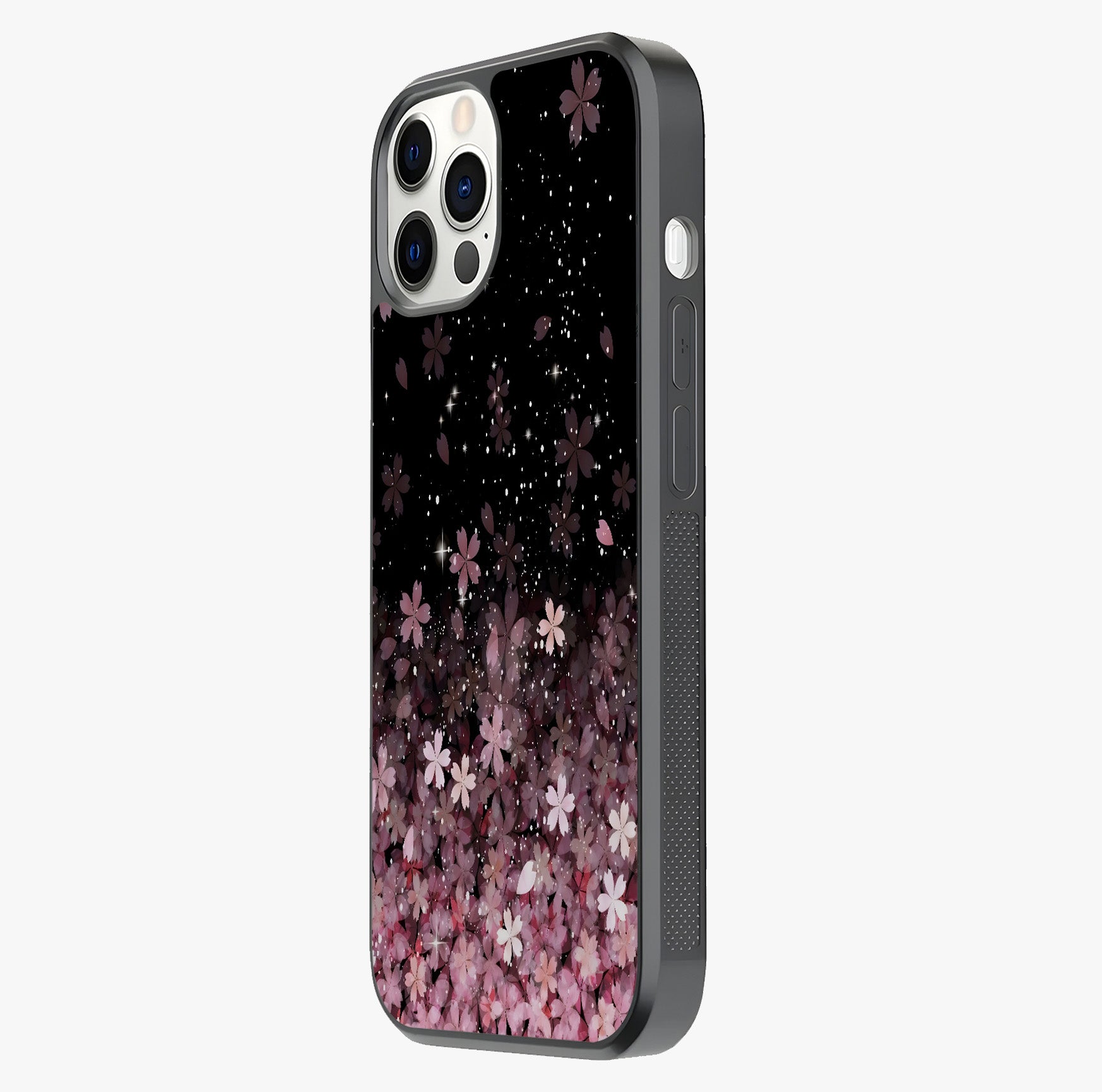 Small Starry Flowers Glass Case photographed in natural light showing reflective finish and design depth.