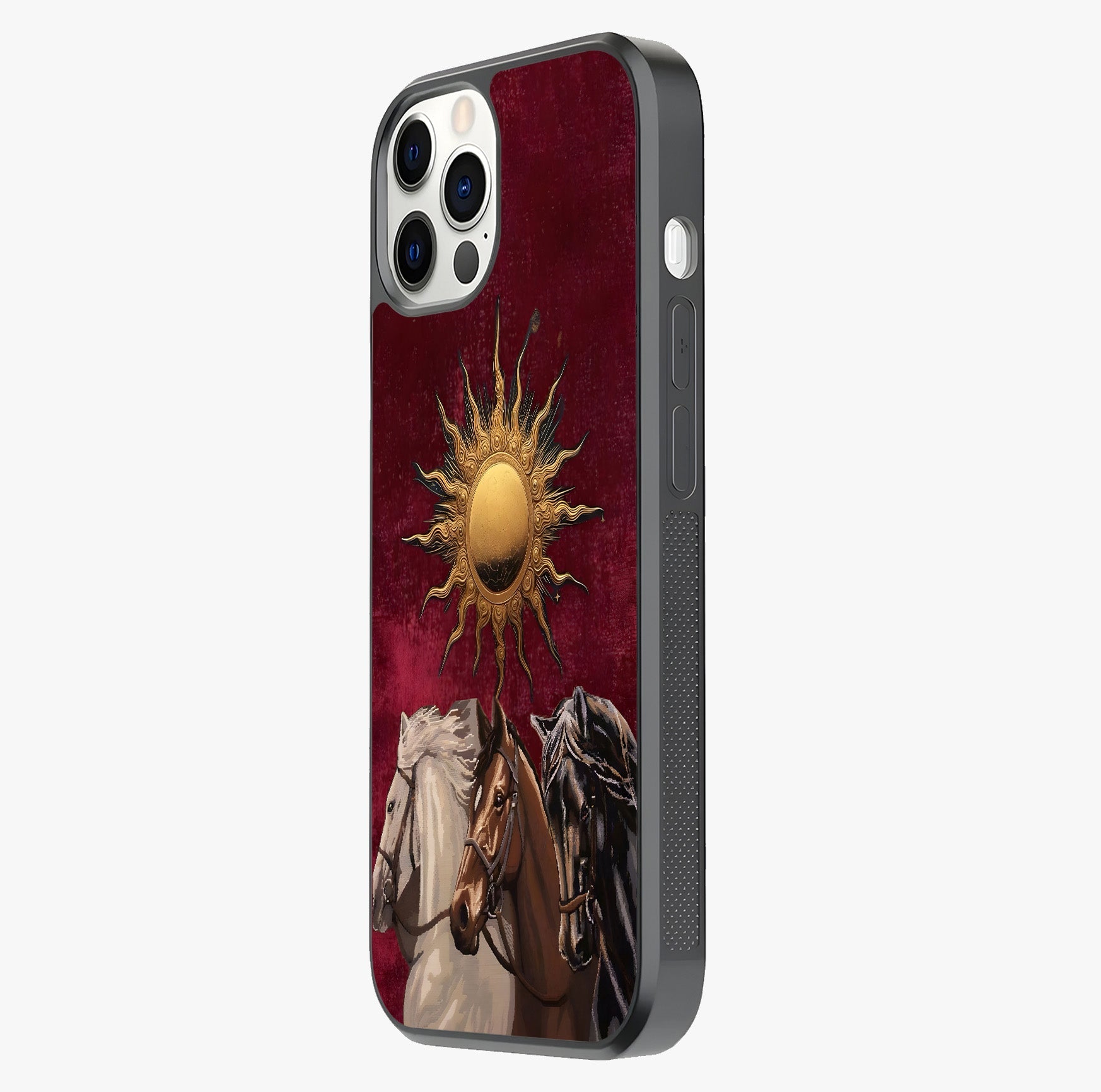 Solar Riders Glass Case photographed in natural light showing reflective finish and design depth.