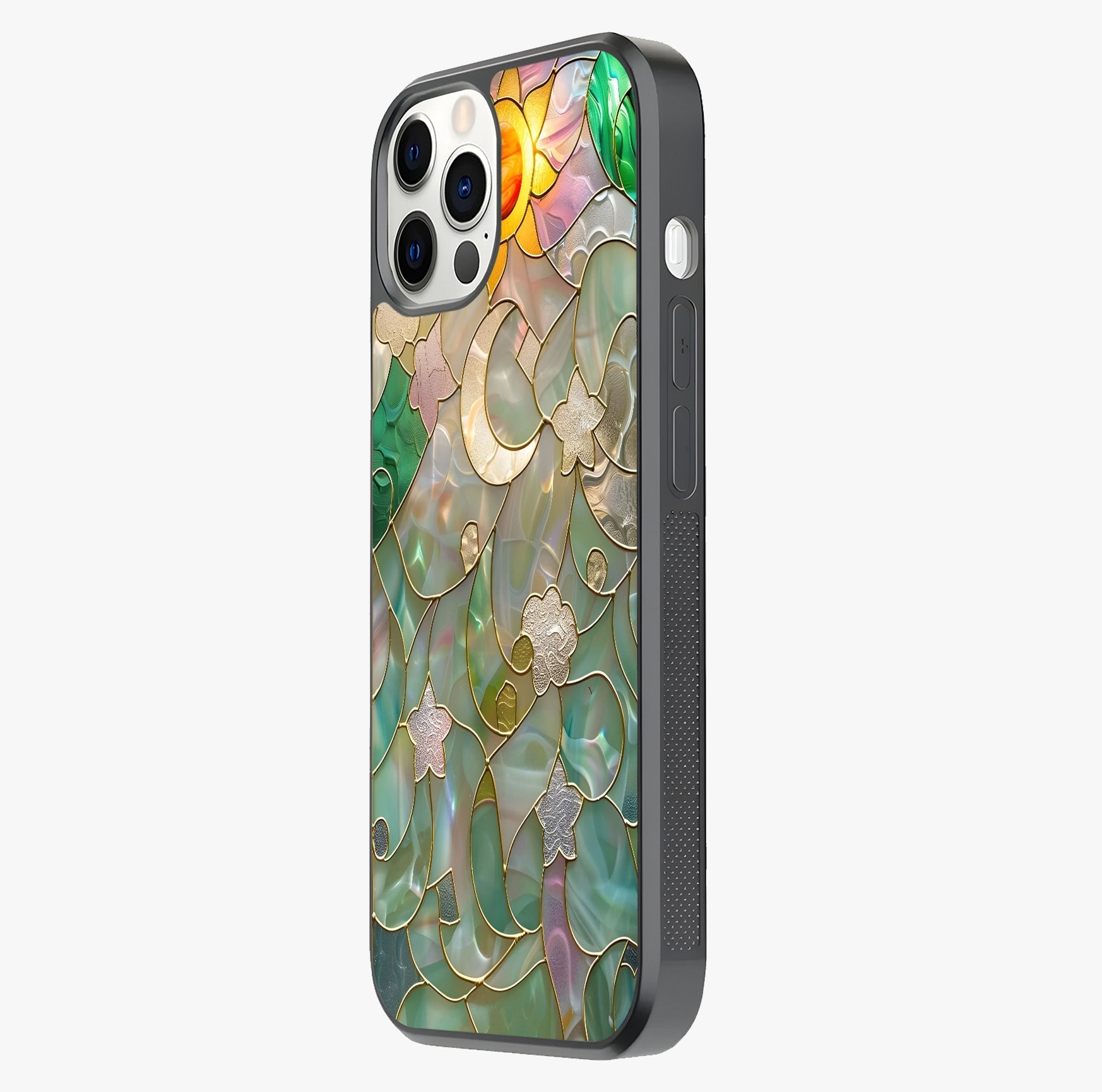 Stained Sunrise Glow Glass Case photographed in natural light showing reflective finish and design depth.