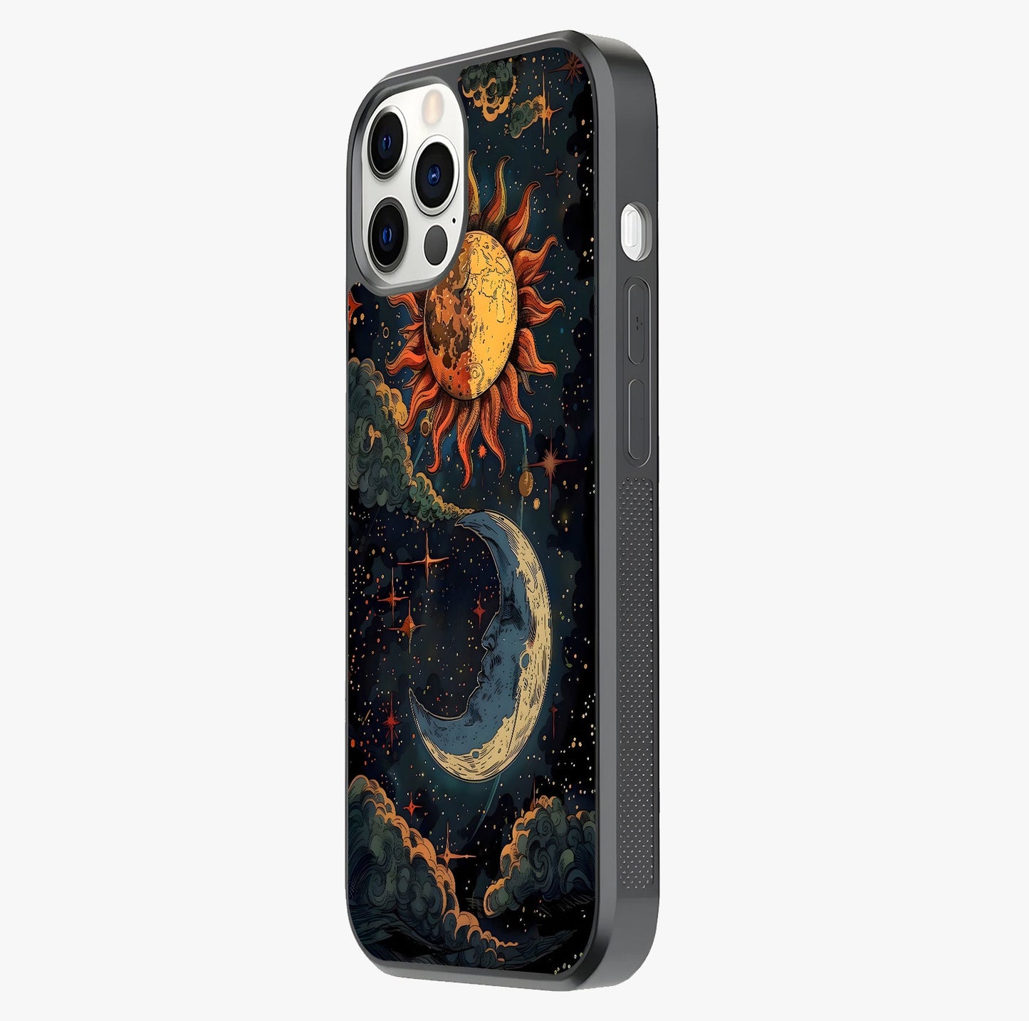 Sun And Moon Magic Design Glass Case photographed in natural light showing reflective finish and design depth.