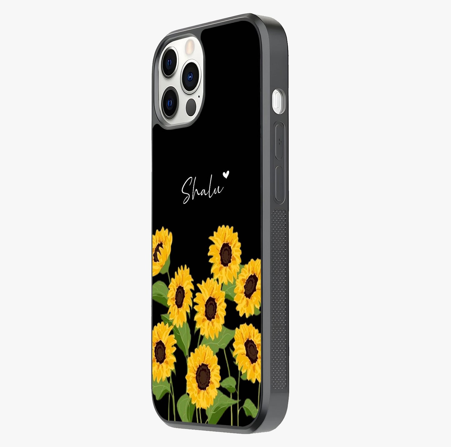 Sunflower Chic Mood Custom Name Glass Case photographed in natural light showing reflective finish and design depth.
