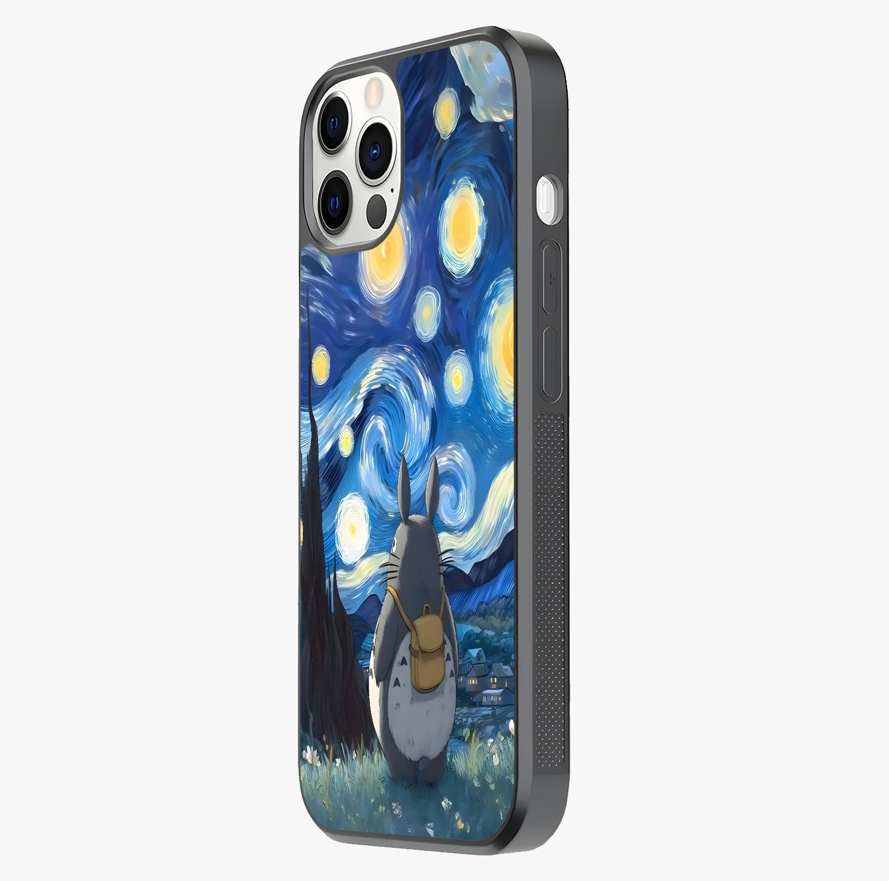 Totoro In Van Gogh Art Glass Case photographed in natural light showing reflective finish and design depth.