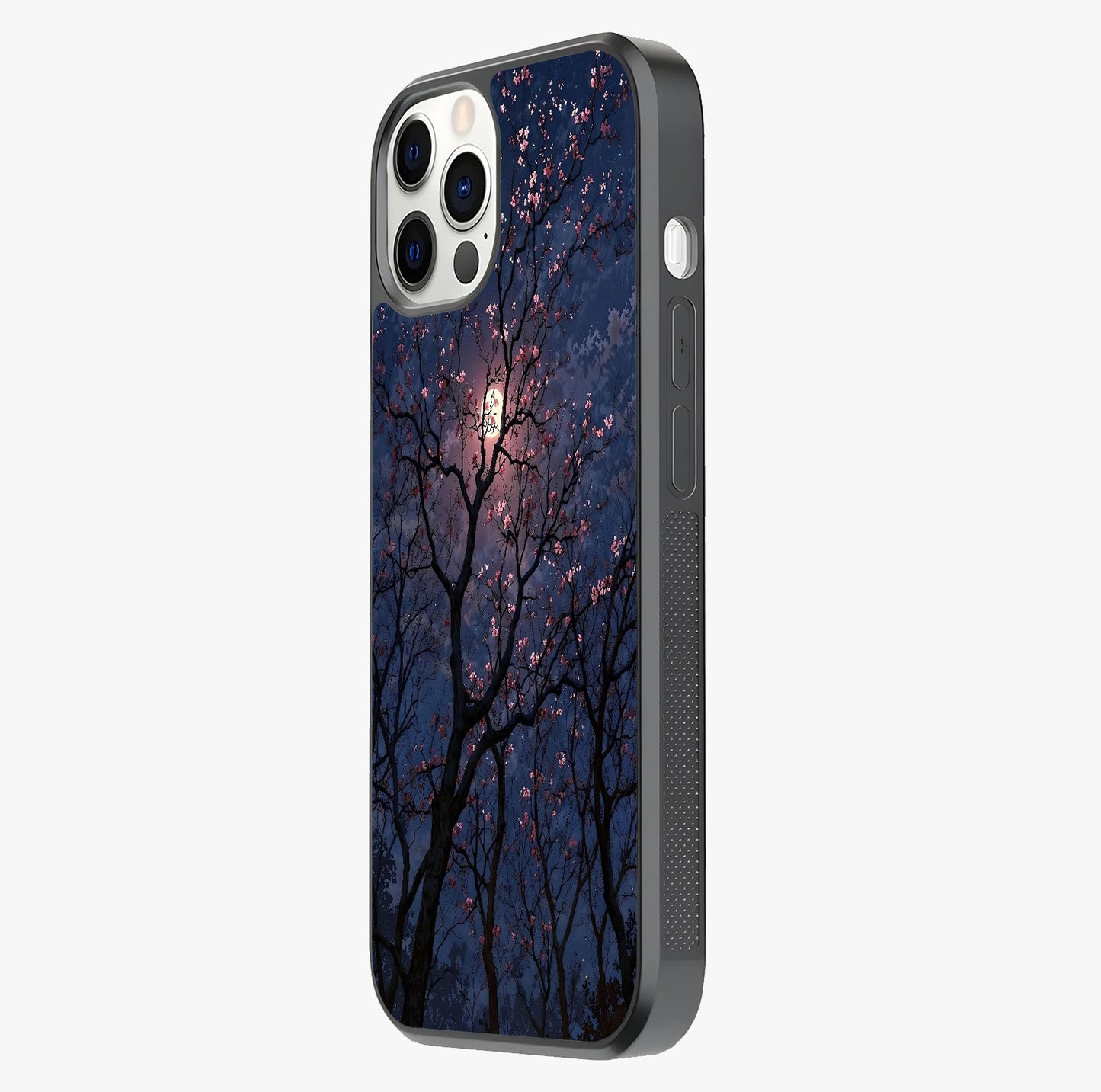 Twilight Sakura Serenade Glass Case photographed in natural light showing reflective finish and design depth.