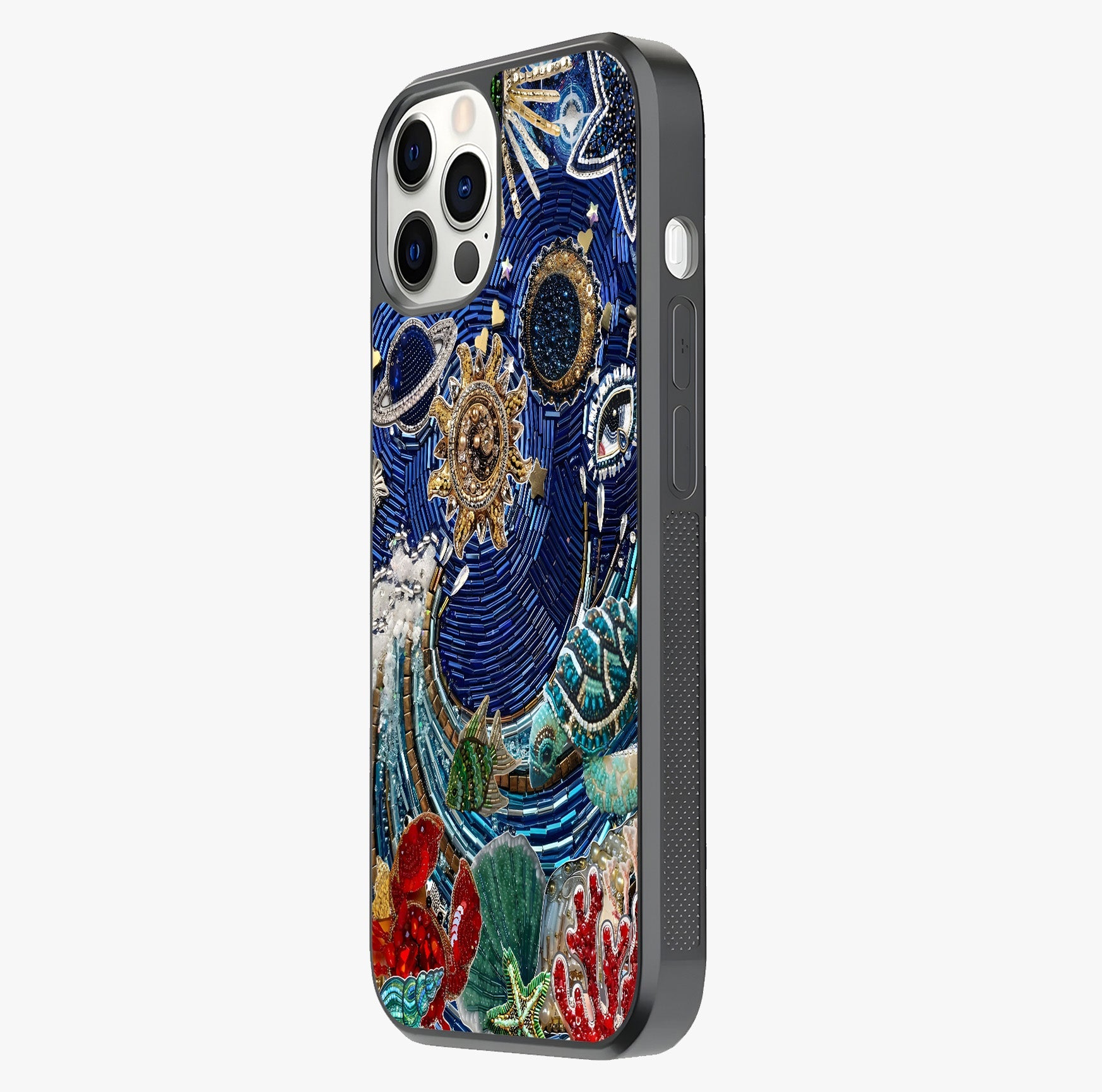 Universe Underwater Spark Glass Case photographed in natural light showing reflective finish and design depth.