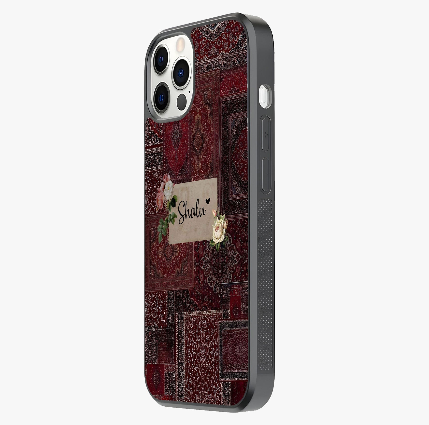 Velvet Wine Pattern Custom Name Glass Case photographed in natural light showing reflective finish and design depth.