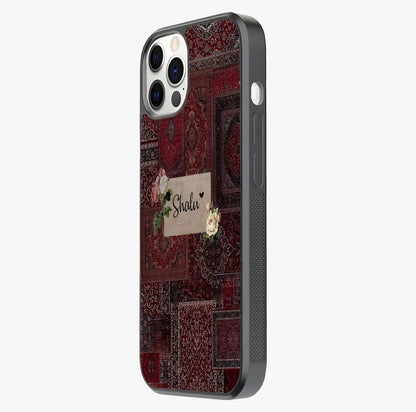Velvet Wine Pattern Custom Name Glass Case photographed in natural light showing reflective finish and design depth.