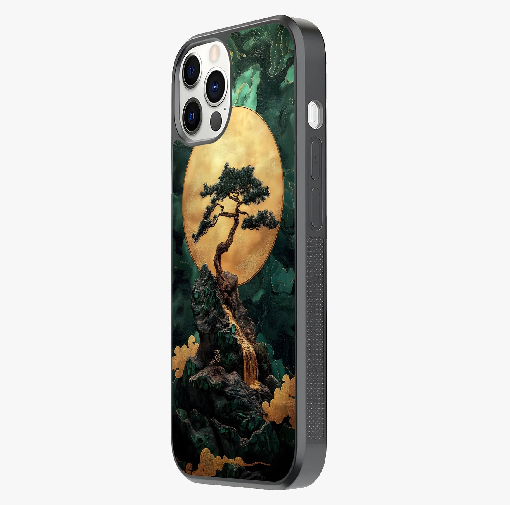 Zen Moon Rise Glass Case photographed in natural light showing reflective finish and design depth