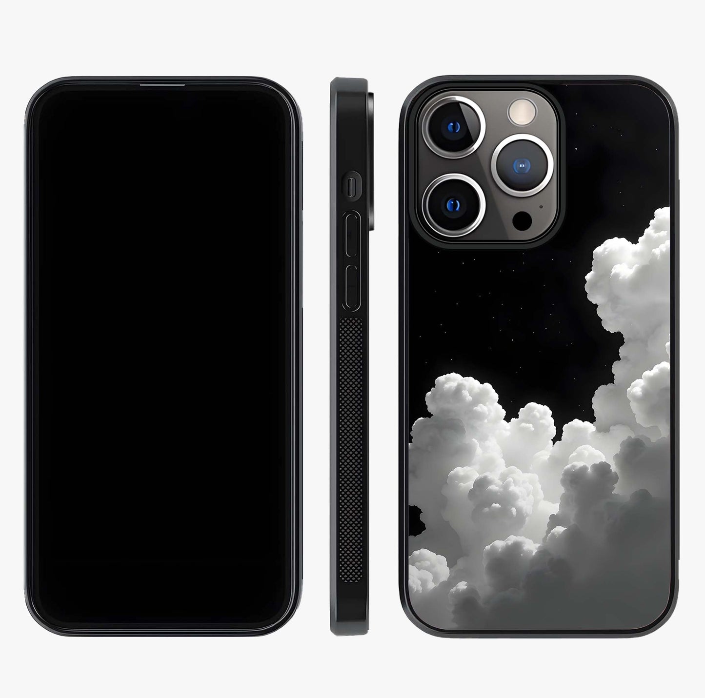 Black Background With White Cloud Glass Case displayed upright for full design visibility and premium finish.
