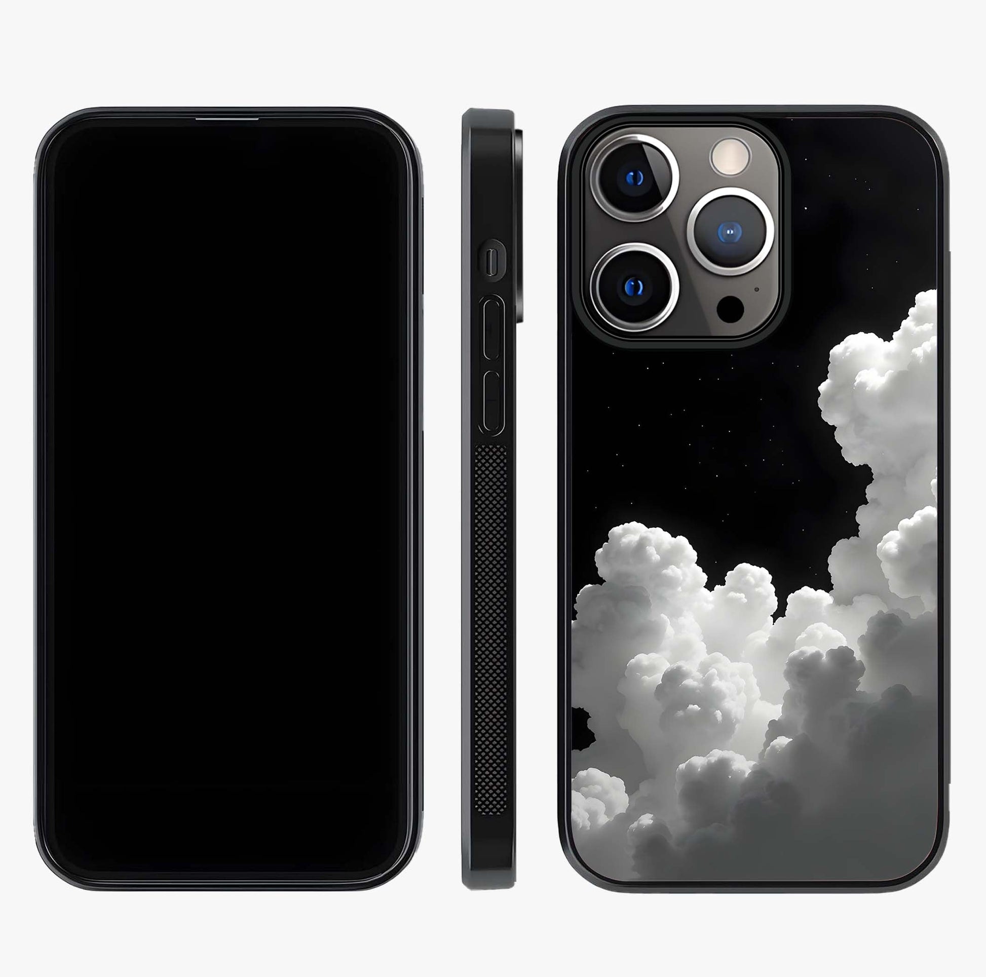 Black Background With White Cloud Glass Case displayed upright for full design visibility and premium finish.