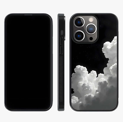 Black Background With White Cloud Glass Case displayed upright for full design visibility and premium finish.
