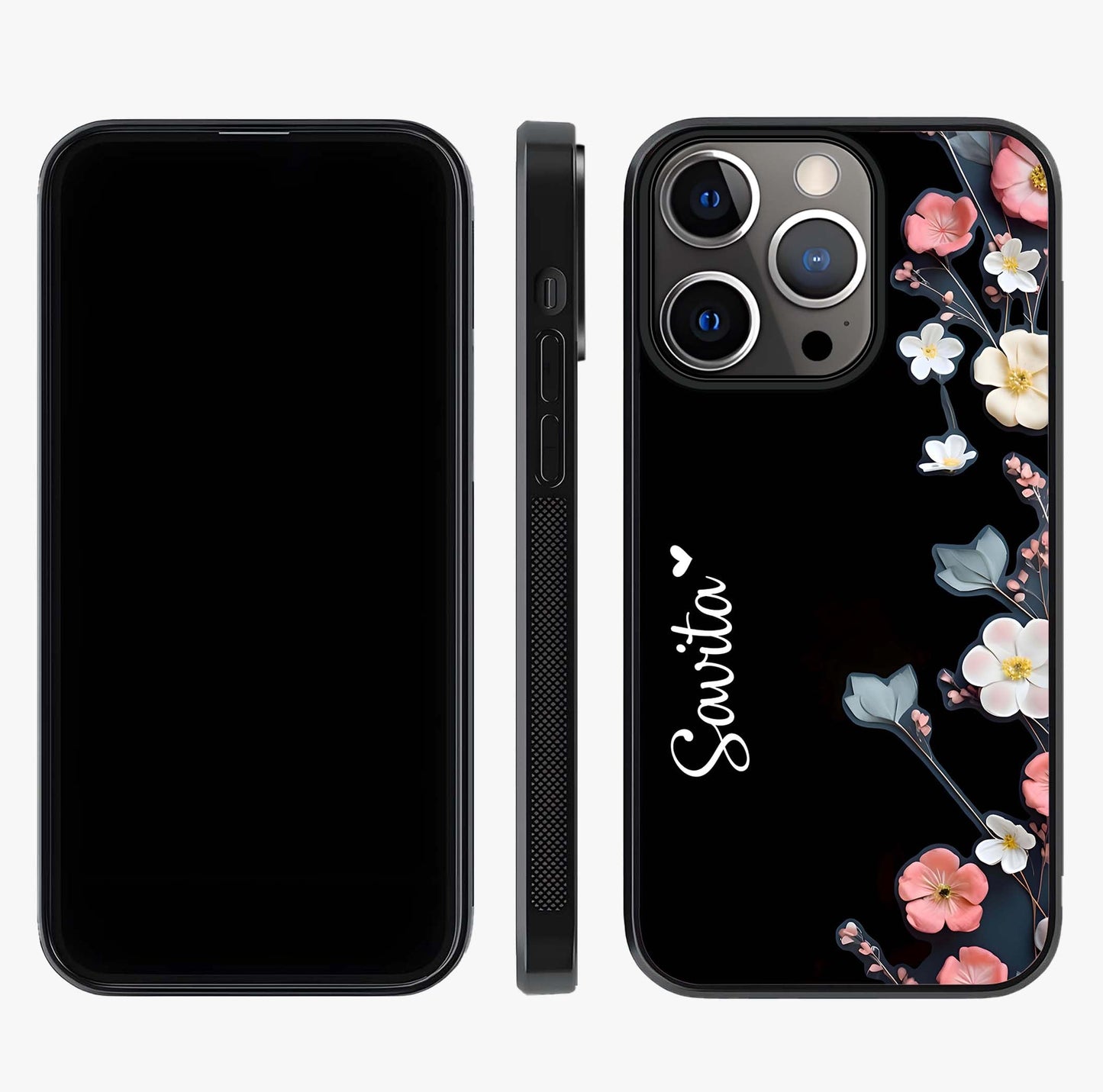 Black Elegance Floral Custom Name Glass Case displayed upright for full design visibility and premium finish.