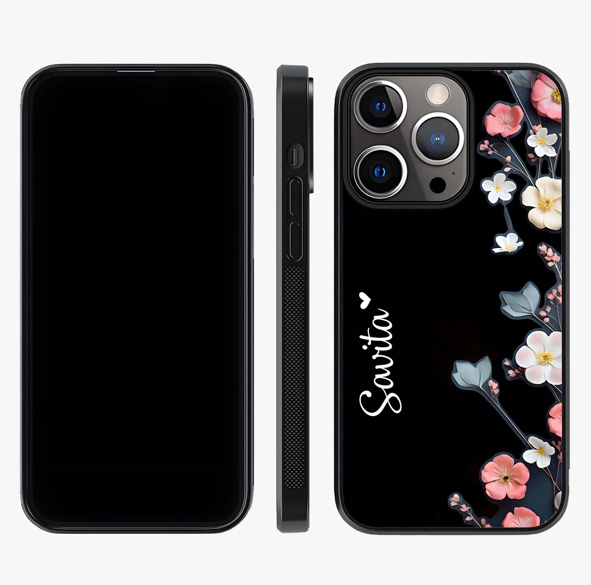 Black Elegance Floral Custom Name Glass Case displayed upright for full design visibility and premium finish.