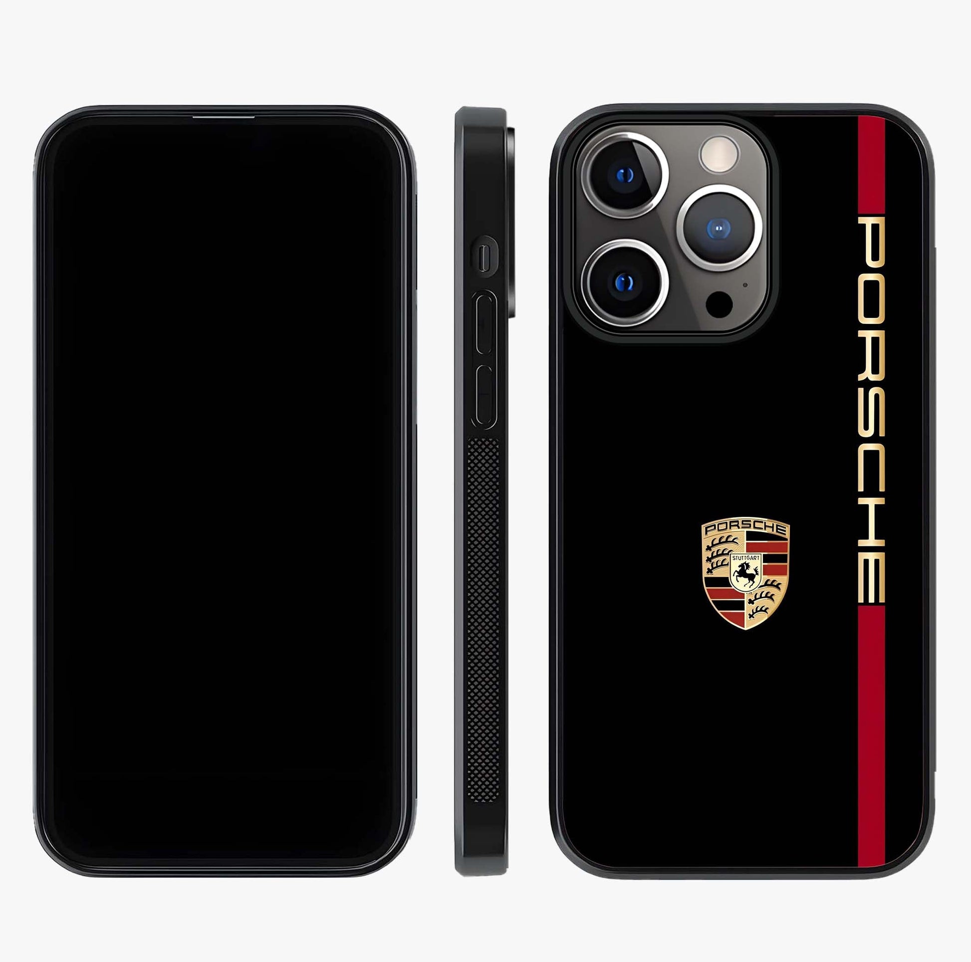 Black Minimal Porsche Glass Case displayed upright for full design visibility and premium finish.