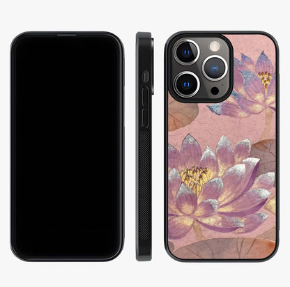 Blossom Mist Lotus Glass Case displayed upright for full design visibility and premium finish.