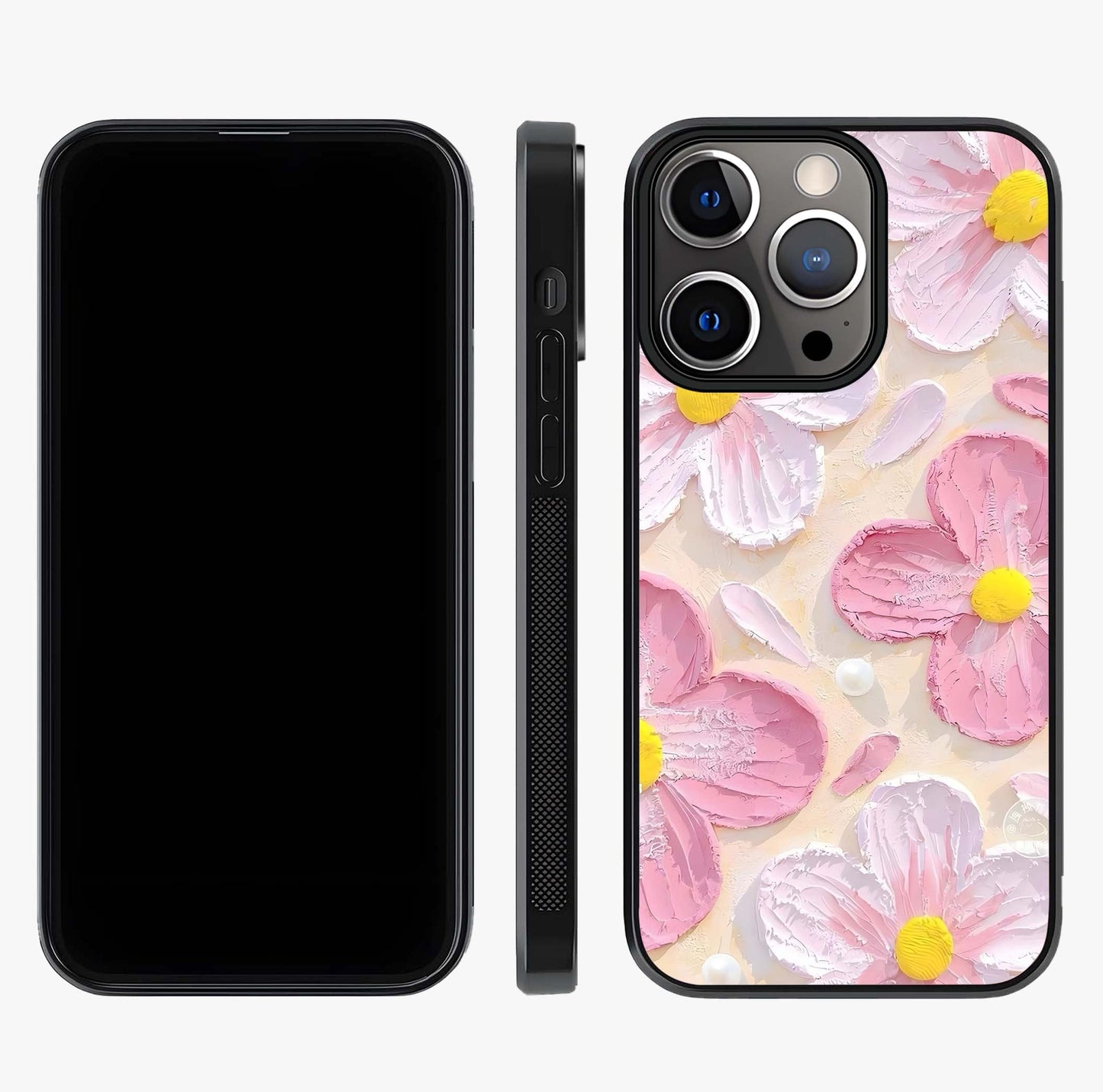 Blush Bloom Texture Glass Case displayed upright for full design visibility and premium finish.