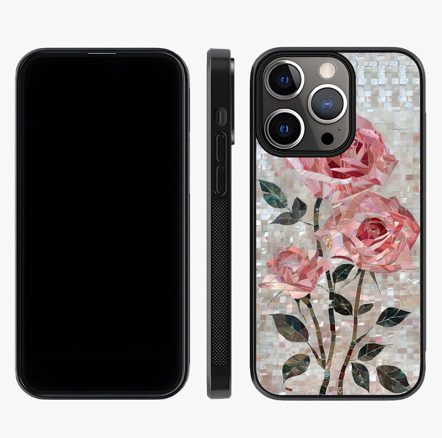 Blush Mosaic Bloom Glass Case displayed upright for full design visibility and premium finish.