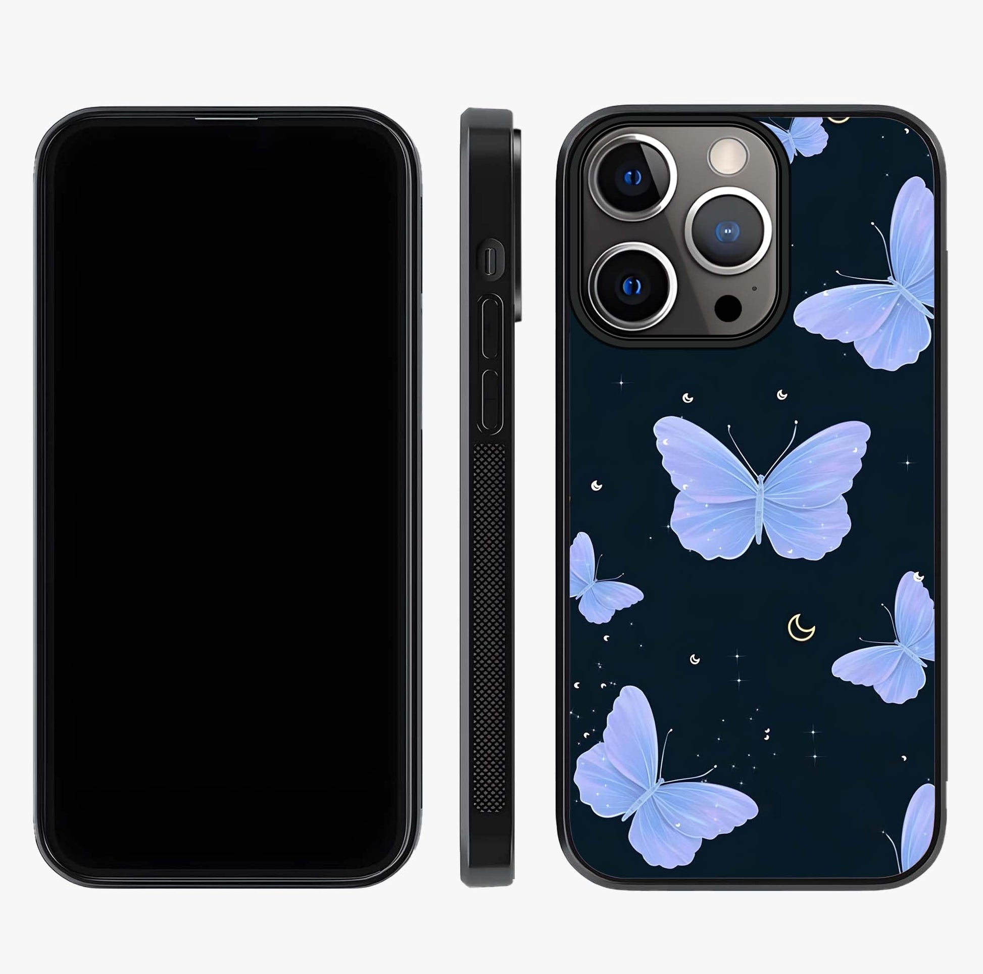 Butterfly With Stars Pattern Glass Case displayed upright for full design visibility and premium finish.