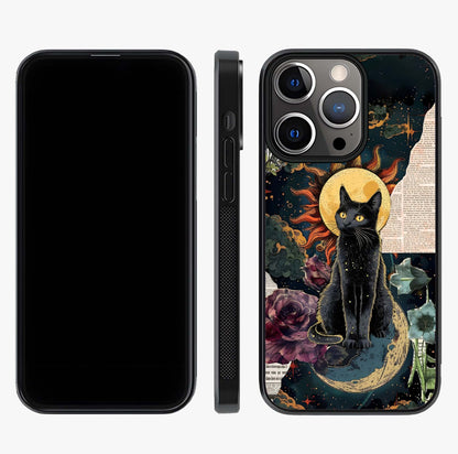 Celestial Black Cat Glass Case displayed upright for full design visibility and premium finish.