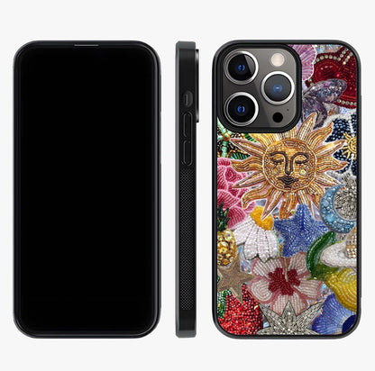 Celestial Floral And Playful Glass Case displayed upright for full design visibility and premium finish.