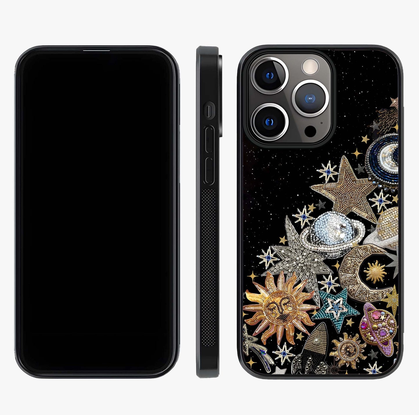 Cosmic Sparkle Dreams Glass Case displayed upright for full design visibility and premium finish.