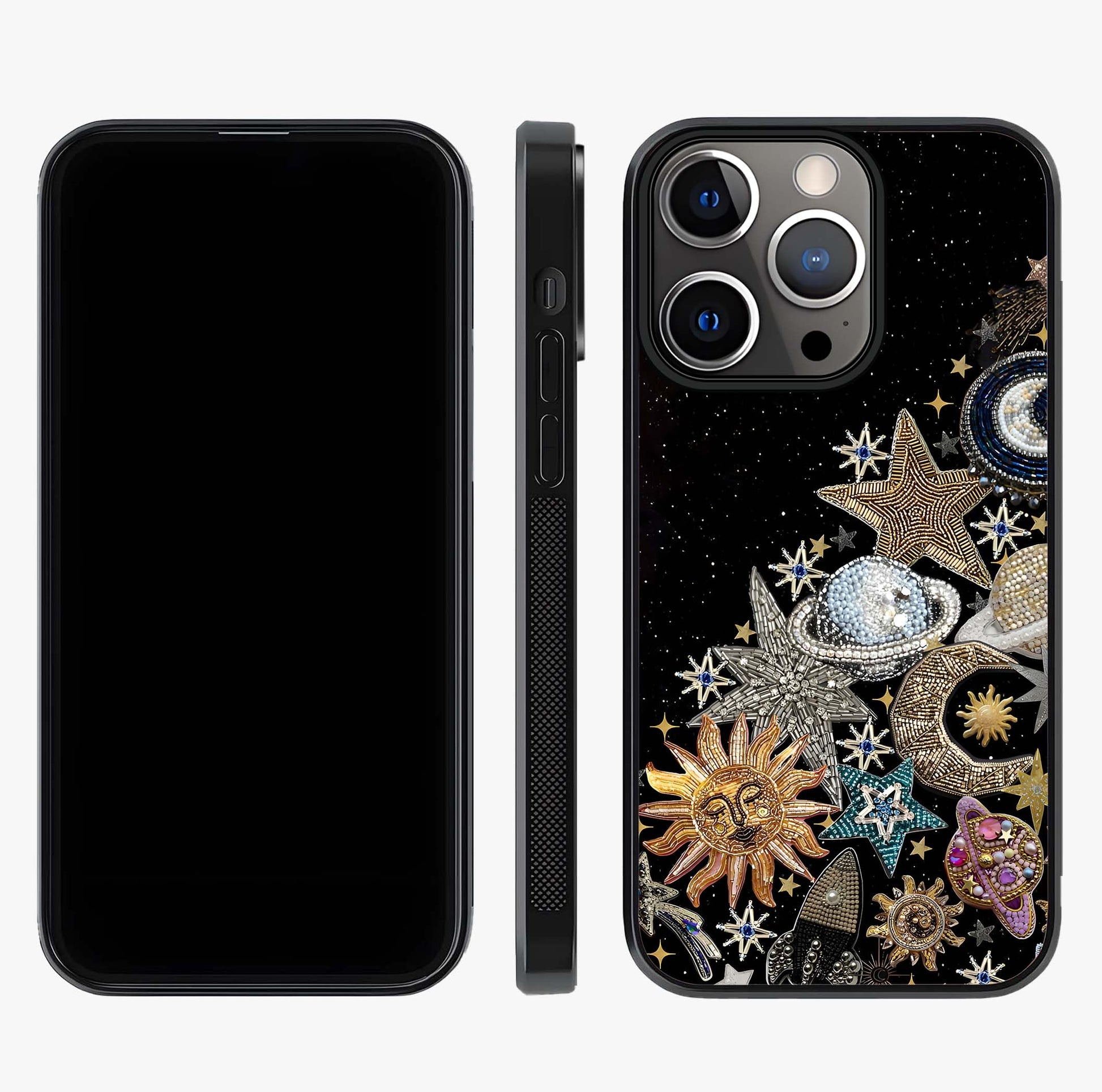 Cosmic Sparkle Dreams Glass Case displayed upright for full design visibility and premium finish.