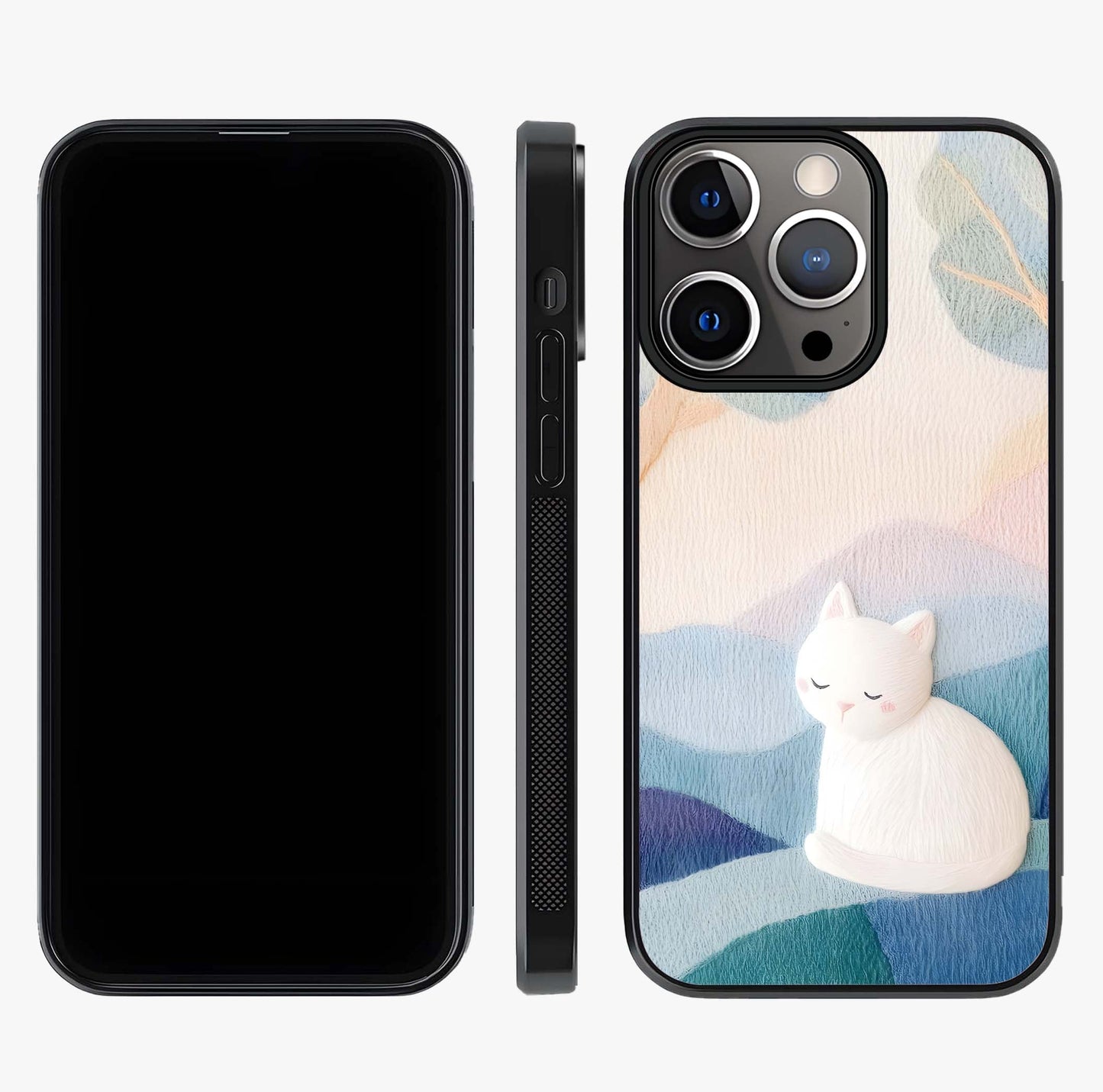 Cotton Dream Cat Glass Case displayed upright for full design visibility and premium finish.