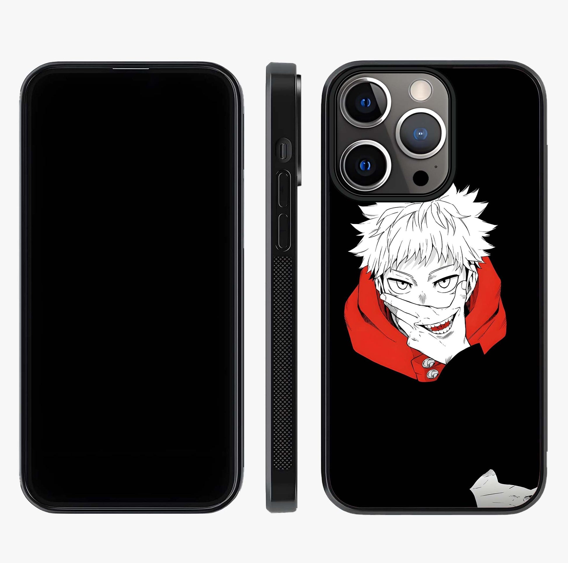 Crimson Chaos Smile Glass Case displayed upright for full design visibility and premium finish.