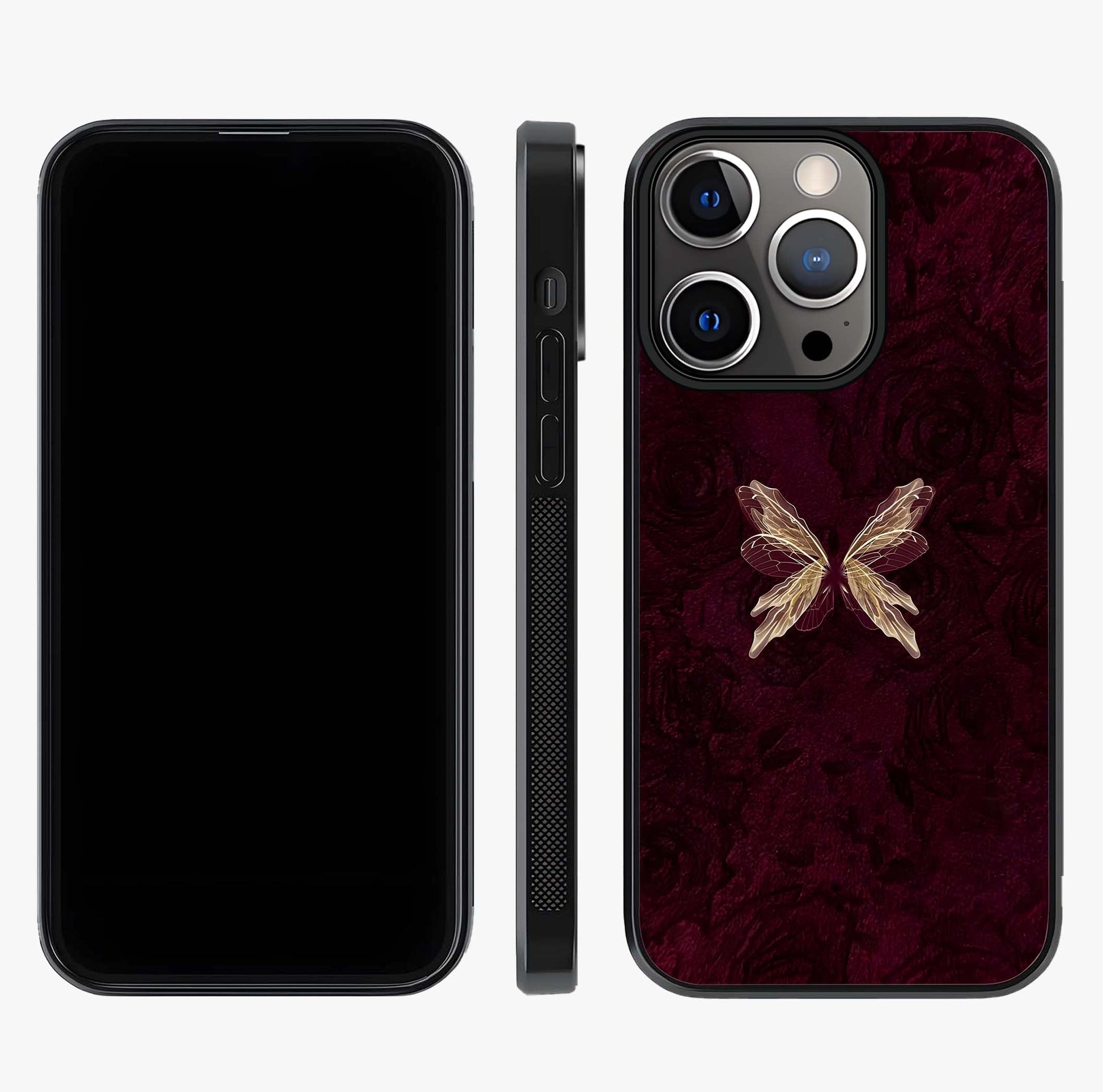 Crimson Fade Butterfly Glass Case displayed upright for full design visibility and premium finish.