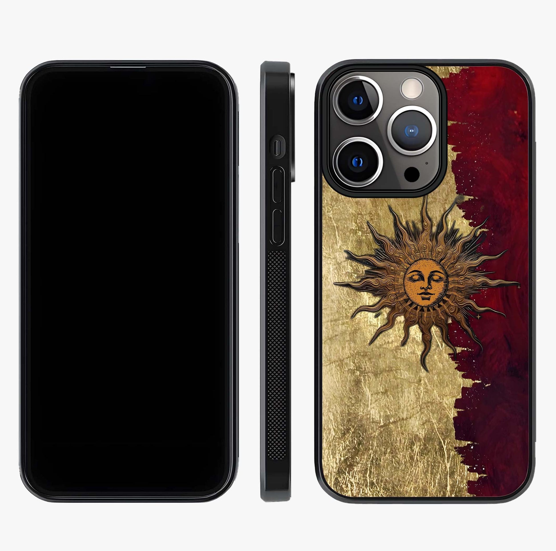 Crimson Sun Majesty Glass Case displayed upright for full design visibility and premium finish.