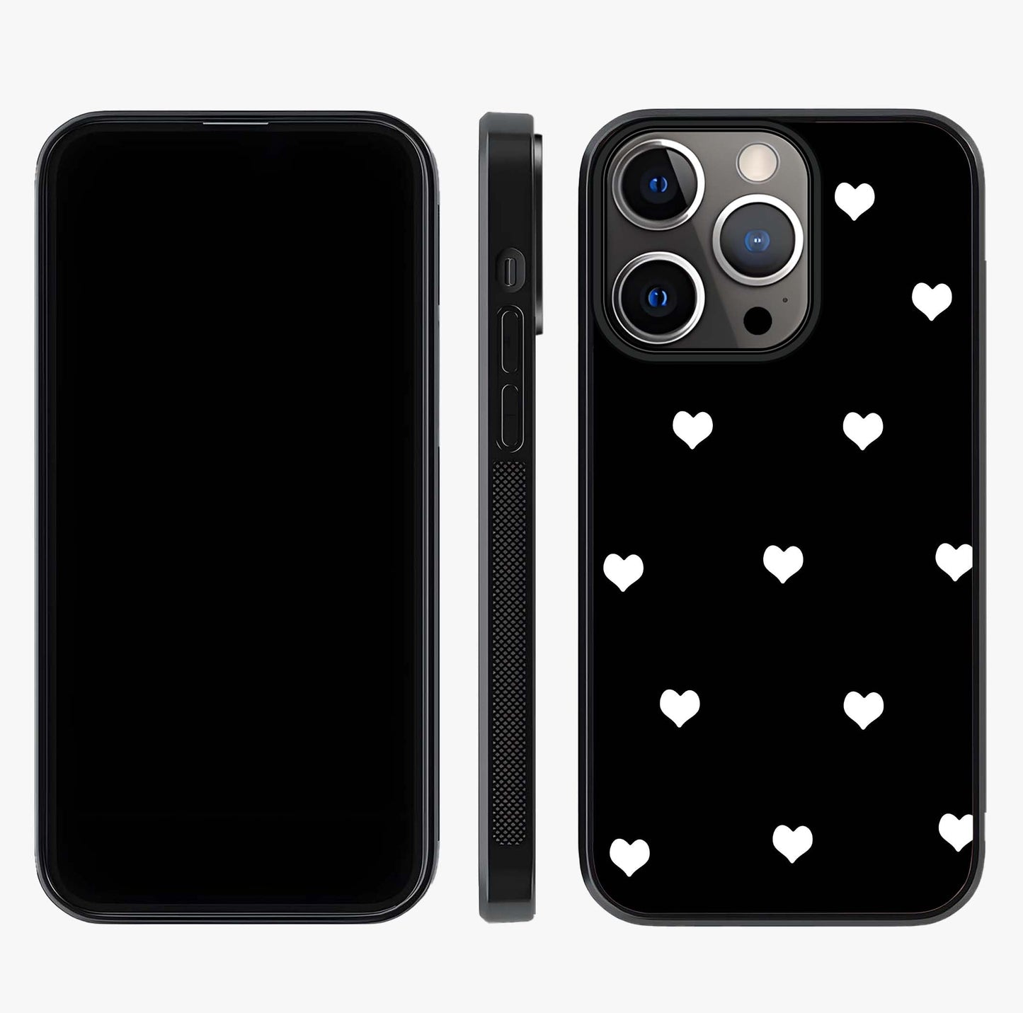 Cute And Simple White Hearts Glass Case displayed upright for full design visibility and premium finish.