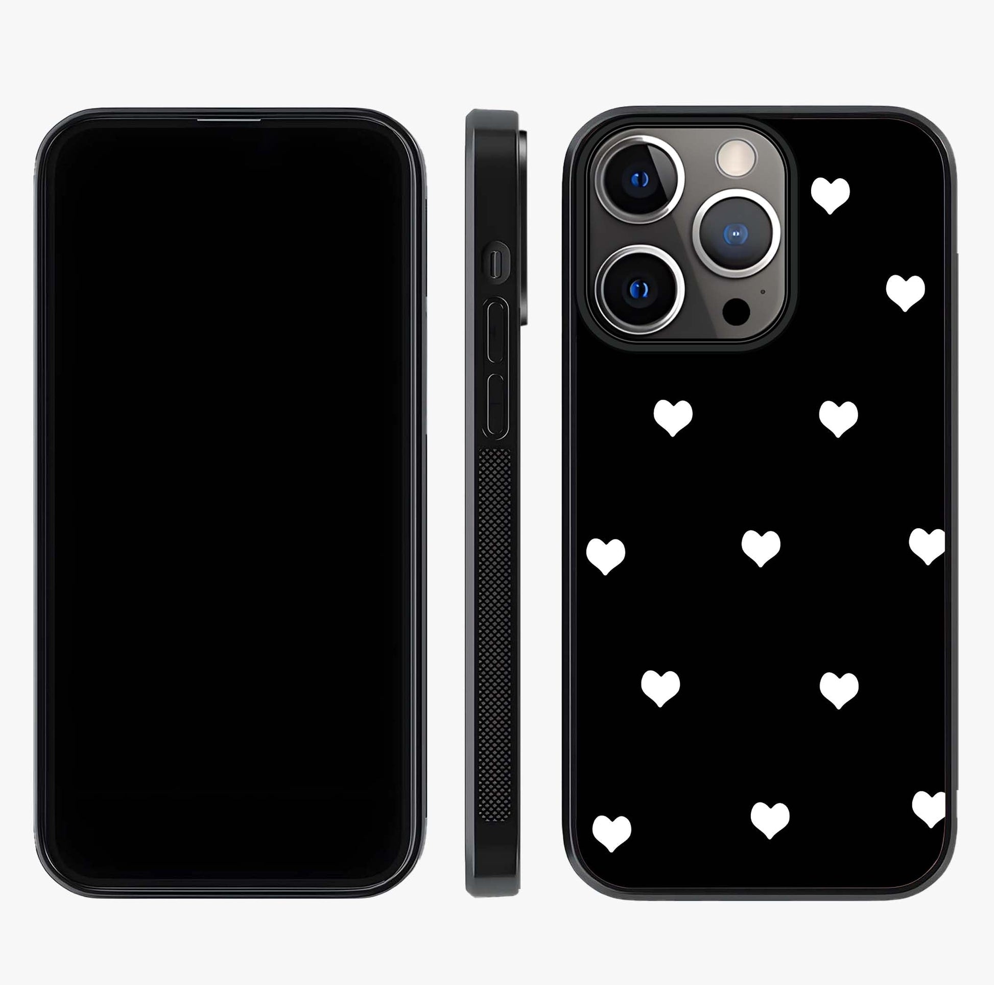 Cute And Simple White Hearts Glass Case displayed upright for full design visibility and premium finish.
