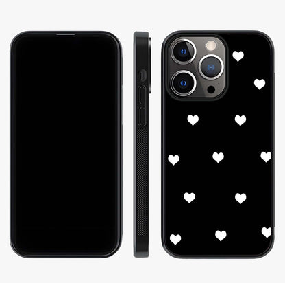Cute And Simple White Hearts Glass Case displayed upright for full design visibility and premium finish.