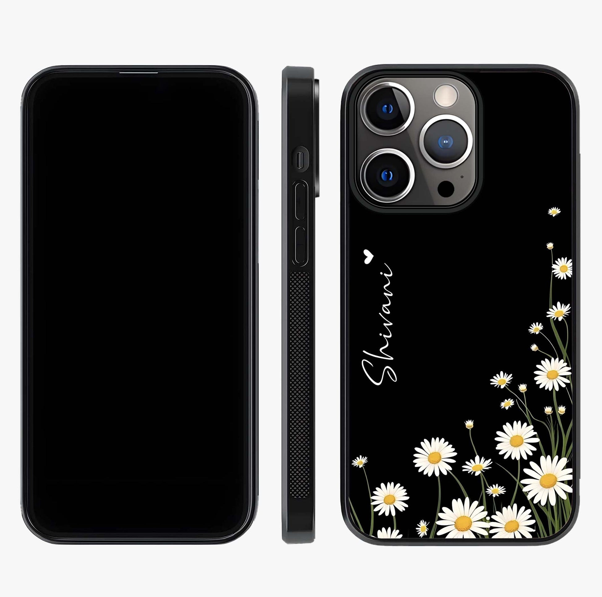 Daisy Cascade Custom Name Glass Case displayed upright for full design visibility and premium finish.
