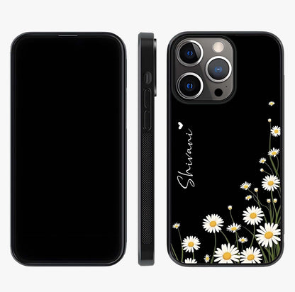 Daisy Cascade Custom Name Glass Case displayed upright for full design visibility and premium finish.