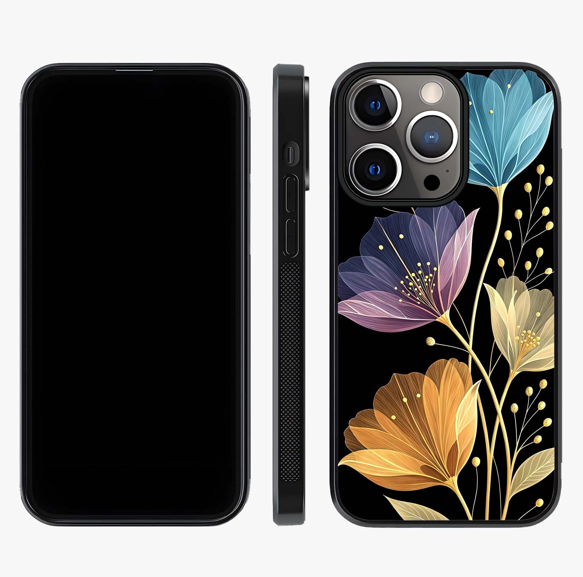 Delicate Multicolor Flowers Glass Case displayed upright for full design visibility and premium finish.