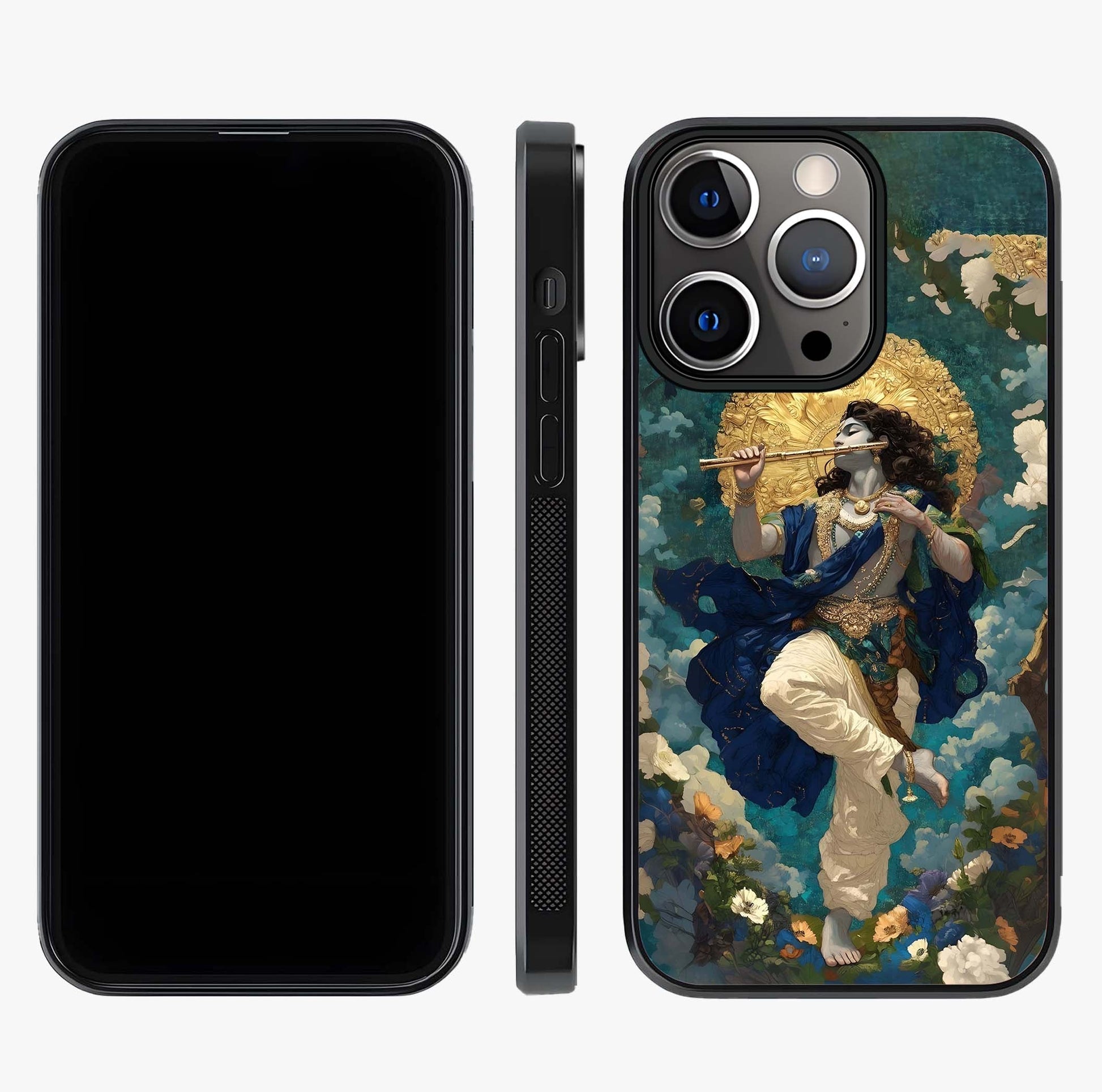 Divine Krishna Art Glass Case displayed upright for full design visibility and premium finish.