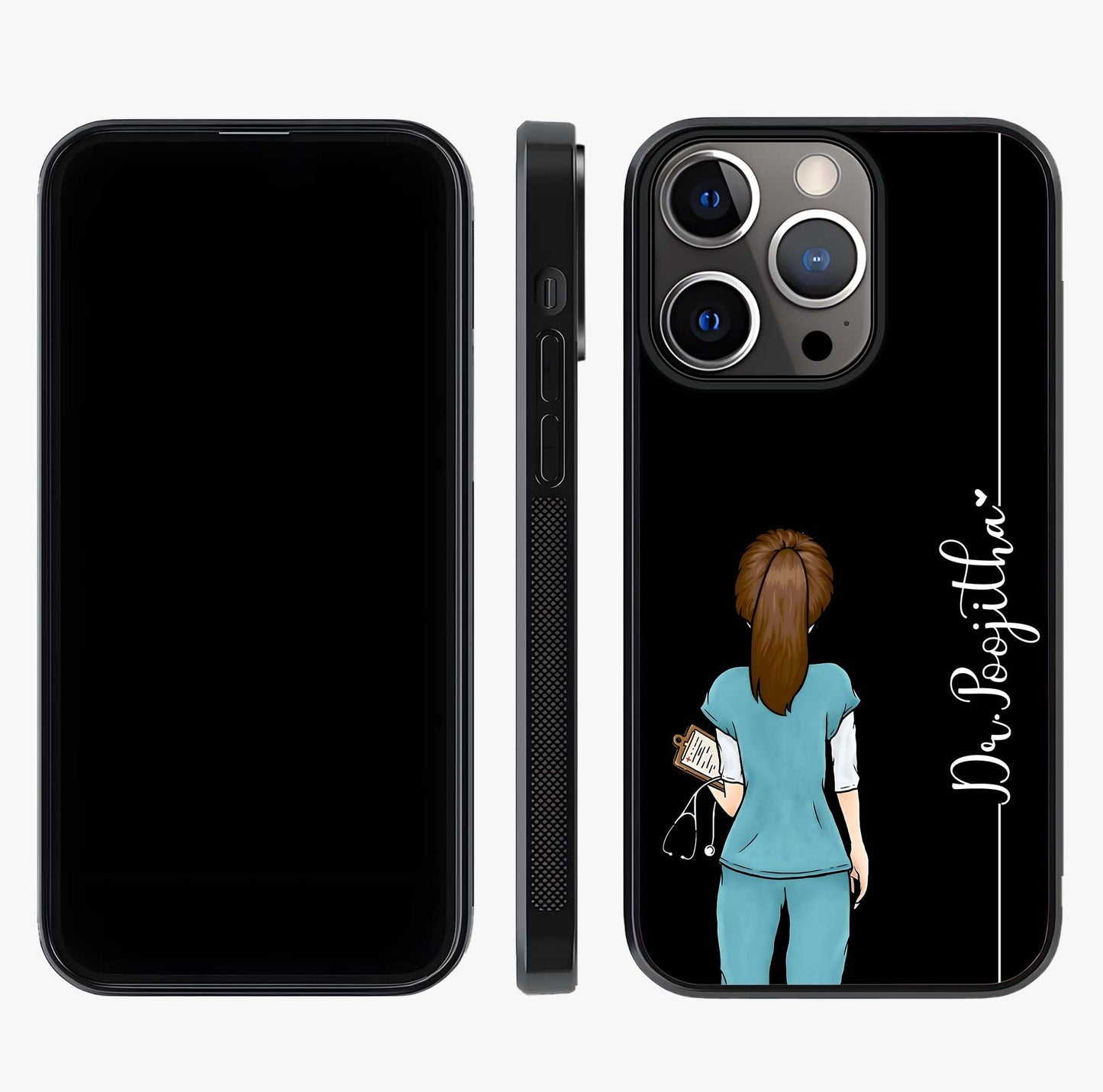 Doctor Pattern Custom Name Glass Case displayed upright for full design visibility and premium finish.